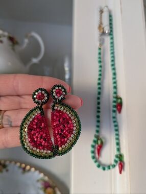 2pcs Beaded Watermelon Slice Drop Earrings Chili Pepper Green Necklace